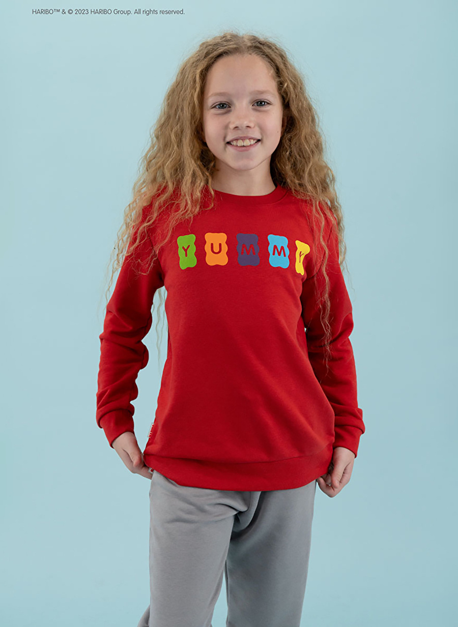 Haribo Kırmızı Kız Çocuk Bisiklet Yaka Sweatshirt HRBTXT309