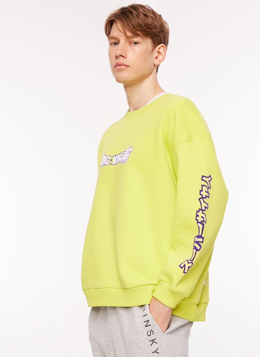 Never Say Never Erkek Yeşil Bisiklet Yaka Oversize Düz DRAGON BALL Sweatshirt BYL3804