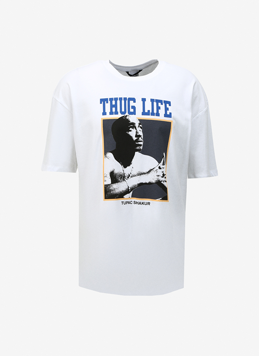 Never Say Never Erkek Beyaz Bisiklet Yaka Oversize Düz TUPAC T-Shirt BYL3781