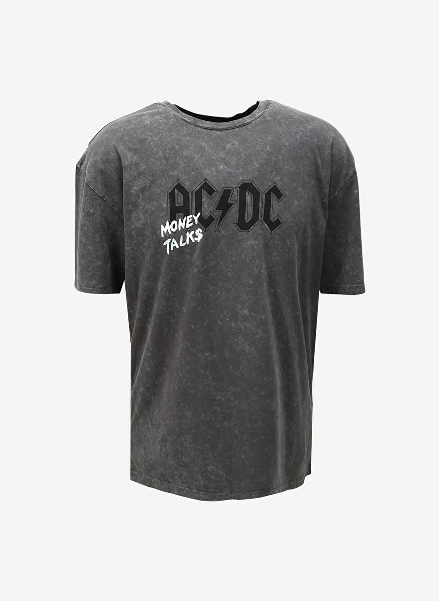 Never Say Never Erkek Antrasit Bisiklet Yaka Oversize Düz ACDC T-Shirt BYL3816