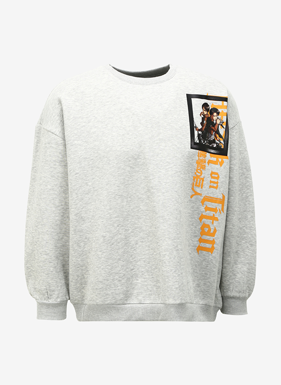 Never Say Never Erkek Gri Melanj Bisiklet Yaka Oversize Düz ATTACK ON TITAN Sweatshirt BYL3820