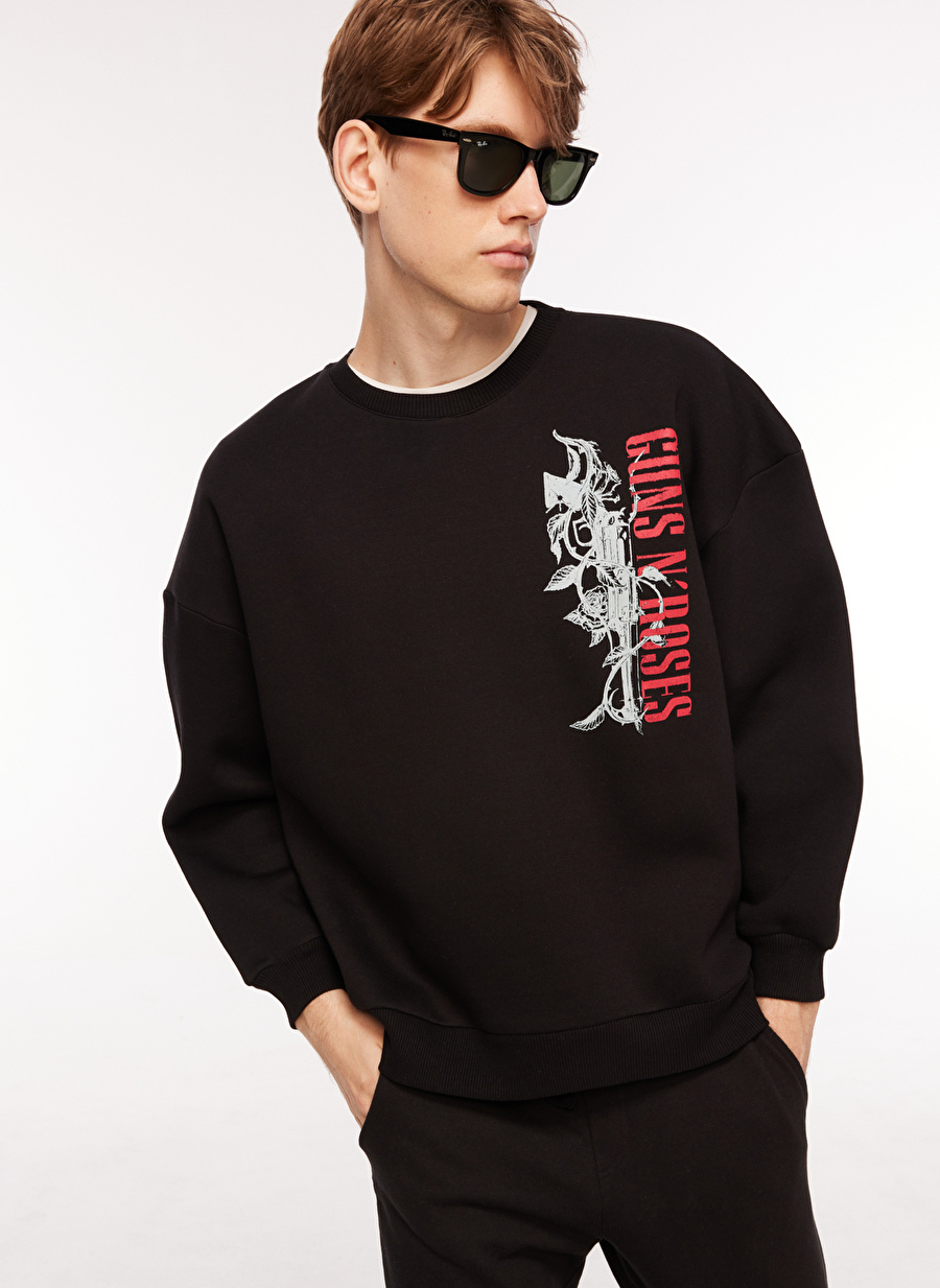 Never Say Never Erkek Siyah Bisiklet Yaka Oversize Düz GUNS'N ROSES Sweatshirt BYL3815