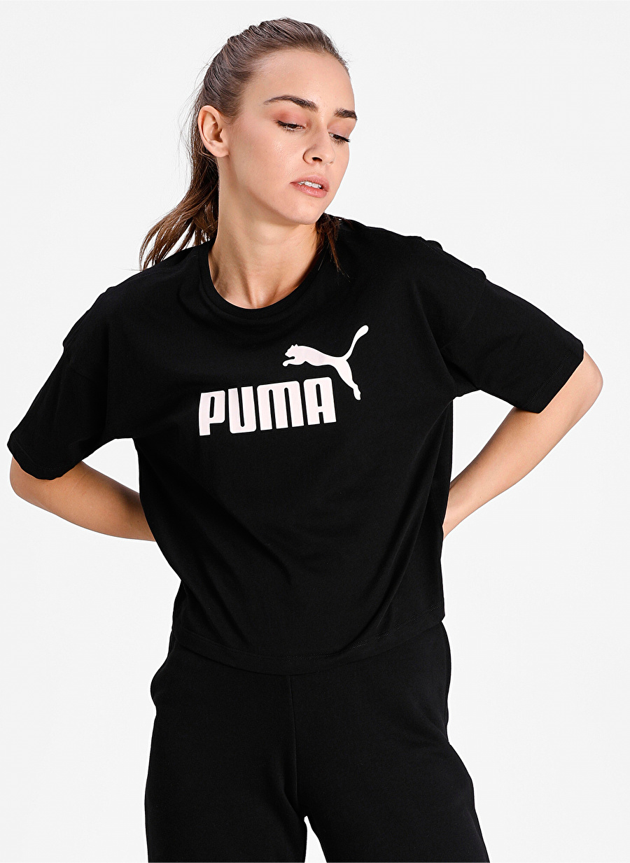 Puma Siyah Kadın Yuvarlak Yaka Regular Fit T-Shirt 58686601-ESS Cropped Logo Tee