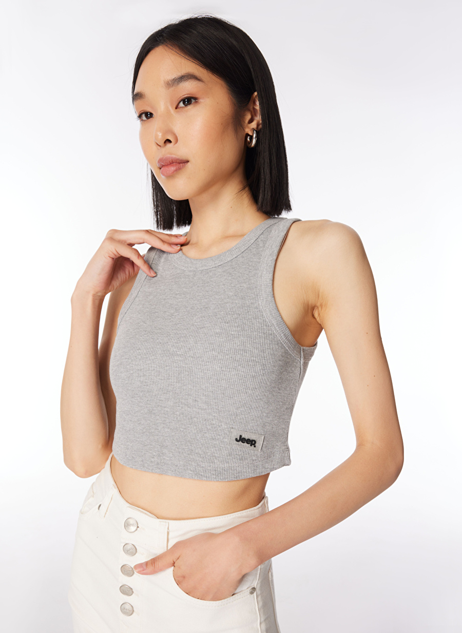 Jeep Gri Melanj Kadın Bisiklet Yaka Crop Top Atlet C4SL-TST4095