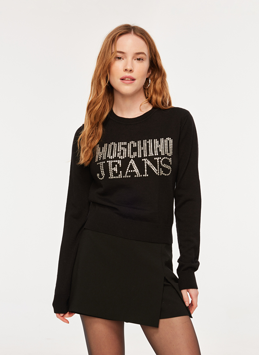 Moschino Jeans Bisiklet Yaka Normal Baskılı Siyah Kazak Kadın A0908