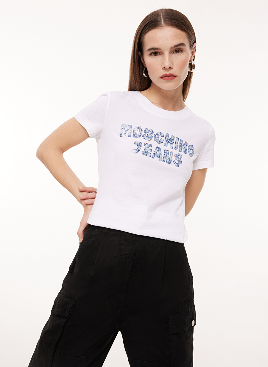 Moschino Jeans Bisiklet Yaka Baskılı Beyaz Kadın T-Shirt A0701