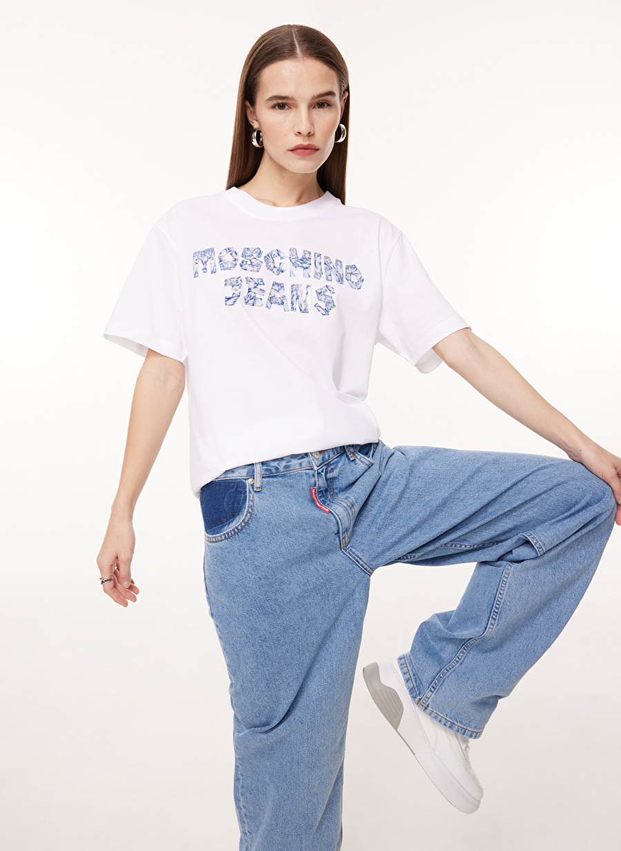 Moschino Jeans Bisiklet Yaka Baskılı Beyaz Kadın T-Shirt J0708