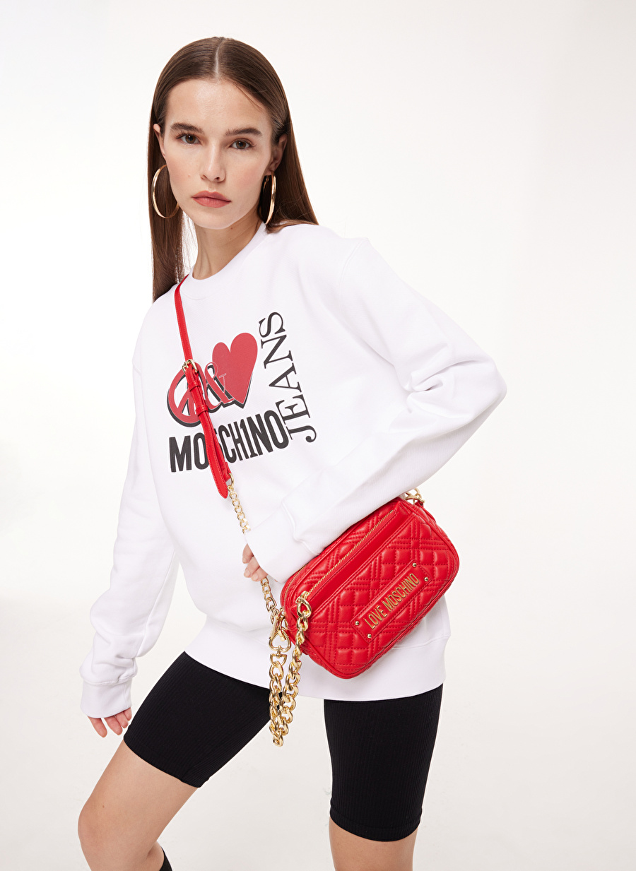 Moschino Jeans Bisiklet Yaka Baskılı Beyaz Kadın Sweatshırt J1716