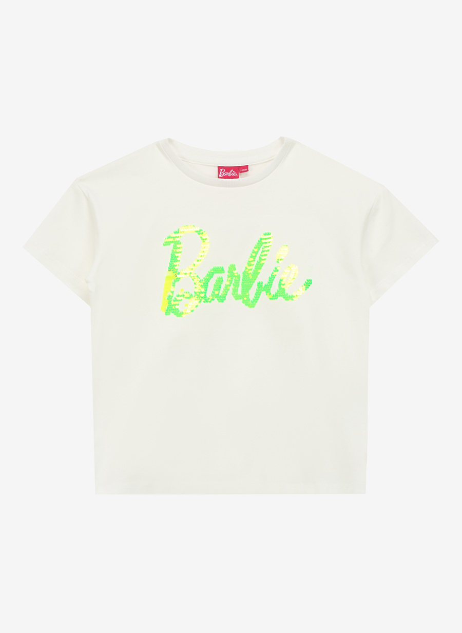 Barbie Payetli Sarı - Beyaz Kadın T-Shirt BRB4SG-TST6020