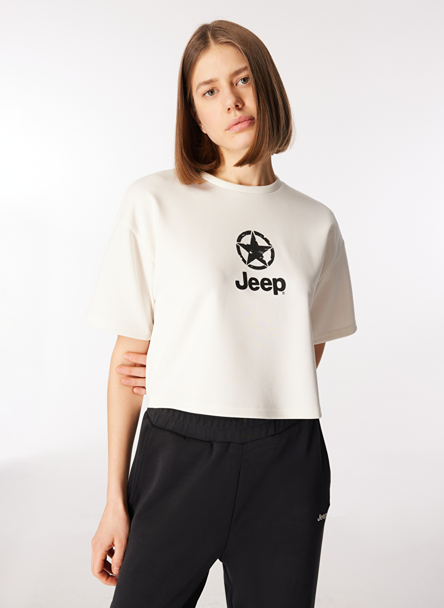 Jeep Bisiklet Yaka Baskılı Kırık Beyaz Kadın T-Shirt J4SL-TST7027