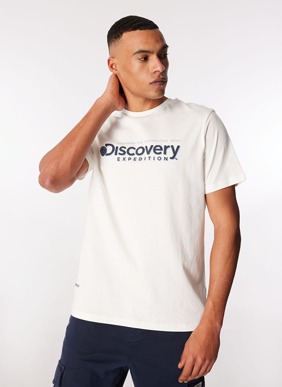 Discovery Expedition Kırık Beyaz Erkek Bisiklet Yaka Baskılı T-Shirt D4SM-TST3273