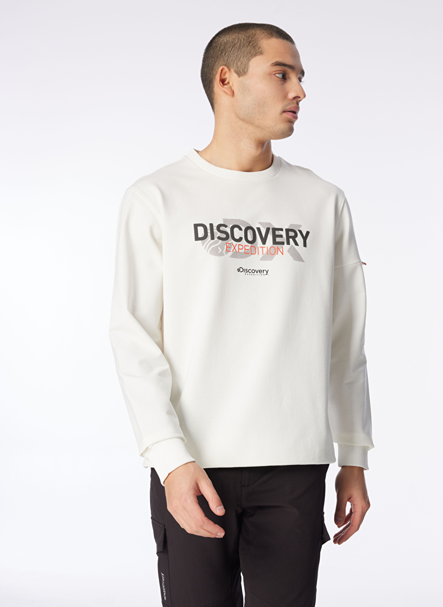 Discovery Expedition Beyaz Erkek Bisiklet Yaka Baskılı Sweatshirt DS4M-SWT3238