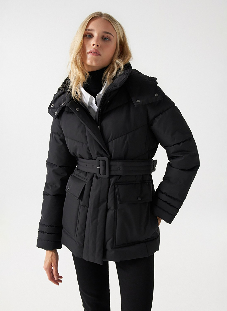 Siyah Kadın Dik Yaka Mont PUFFER JACKET WITH BELT 21006873