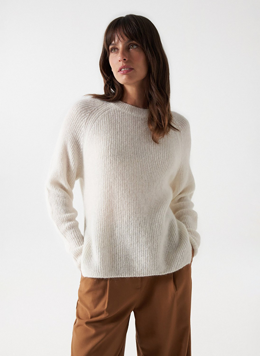 Kırık Beyaz Kadın Yuvarlak Yaka Kazak MOHAIR WOOL JUMPER 21007094