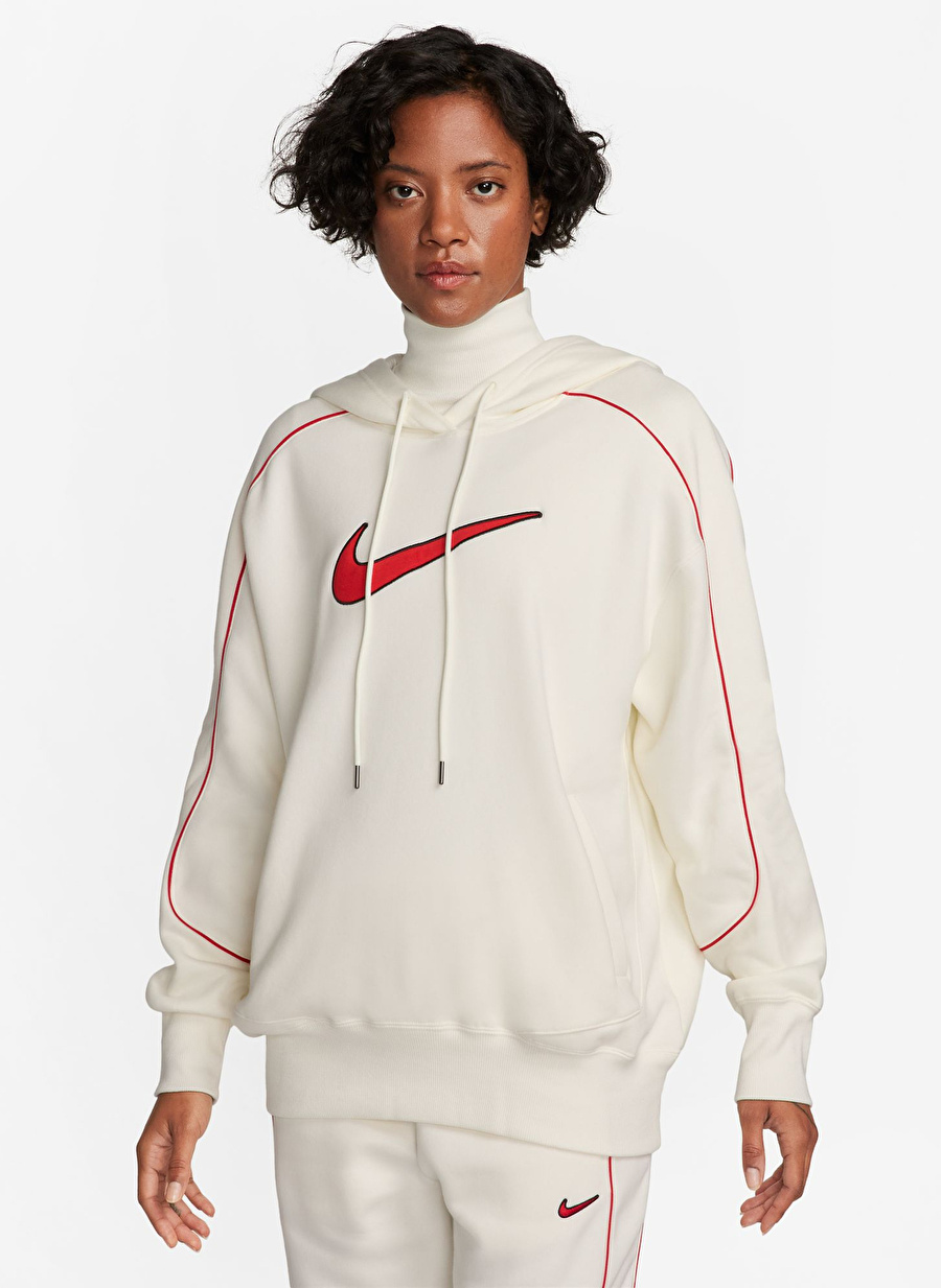 Nike Beyaz Kadın Kapüşon Yaka Sweatshirt FV5311-133-W NSW FLC OS PO HDY SW