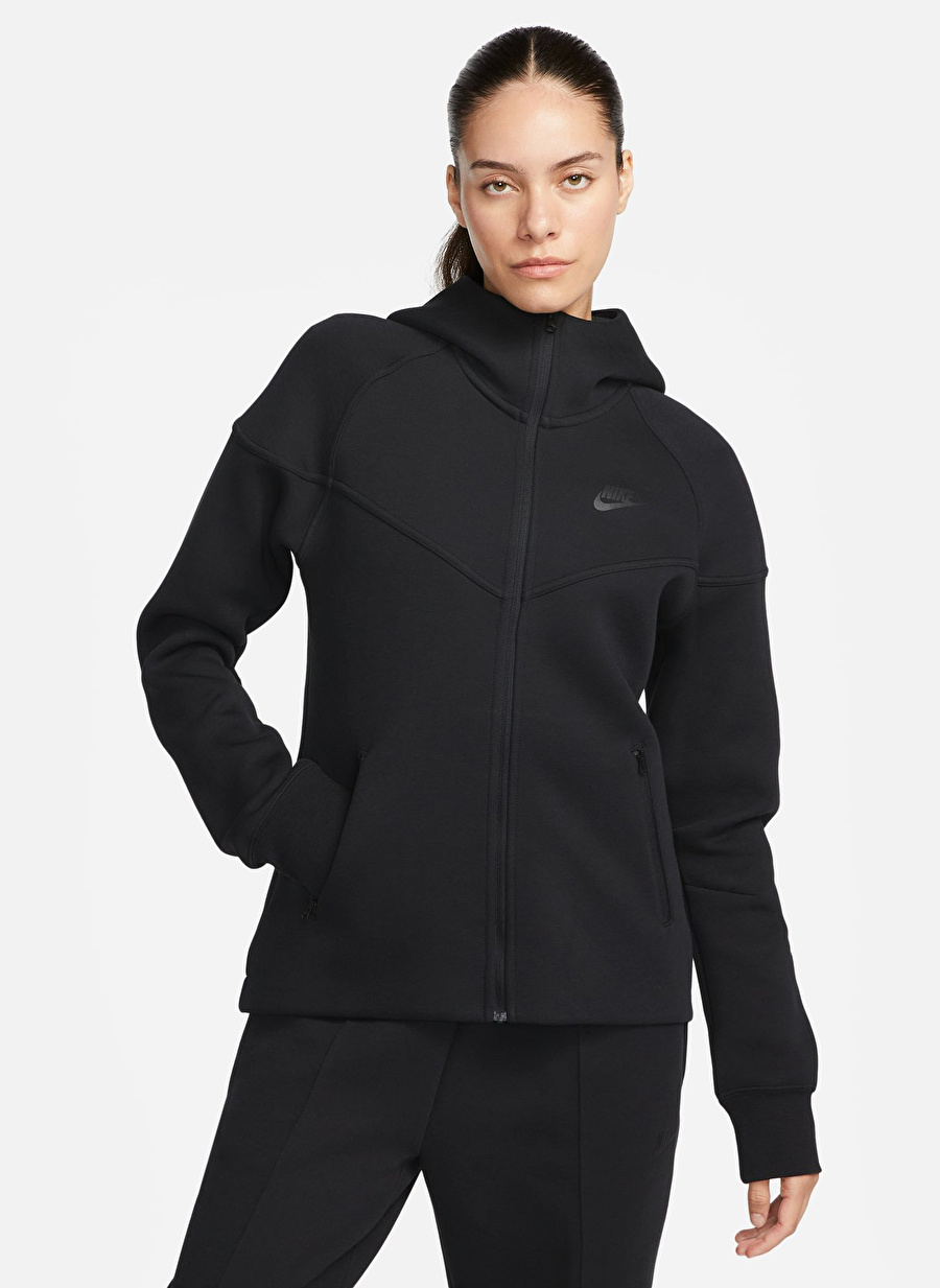 Nike Siyah Kadın Kapüşon Yaka Zip Ceket FB8338-010-W NSW TCH FLC WR FZ HDY