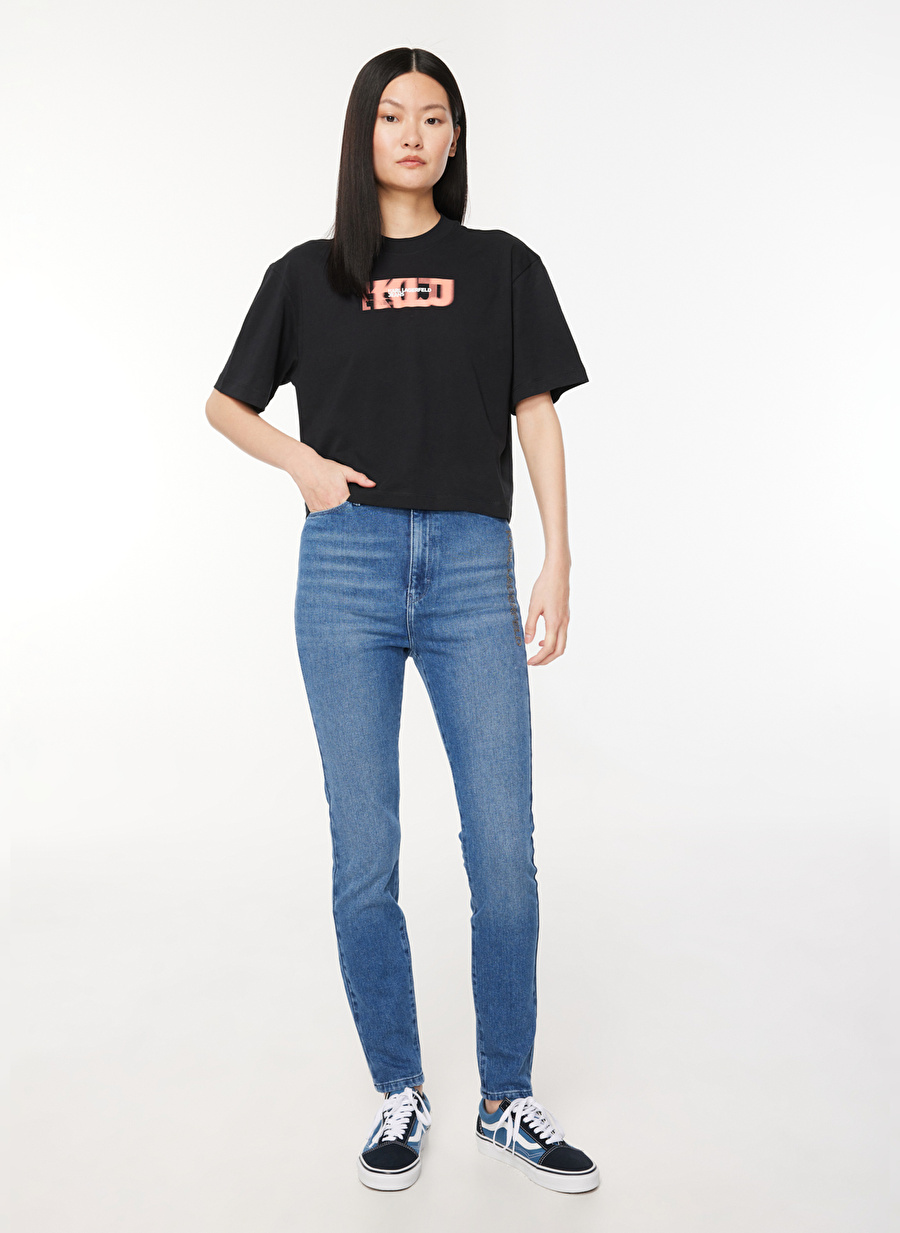 Karl Lagerfeld Jeans Bisiklet Yaka Baskılı Siyah Kadın T-Shirt 236J1702