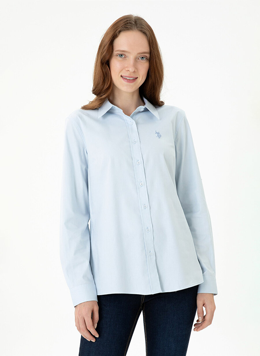 U.S. Polo Assn. Slim Fit Gömlek Yaka Düz İndigo Kadın Gömlek CRISTA023K