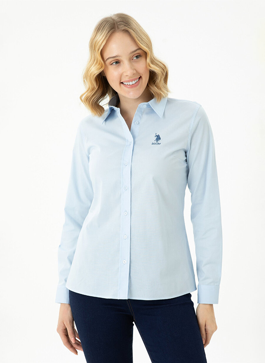 U.S. Polo Assn. Slim Fit Gömlek Yaka Düz İndigo Kadın Gömlek SALY023K
