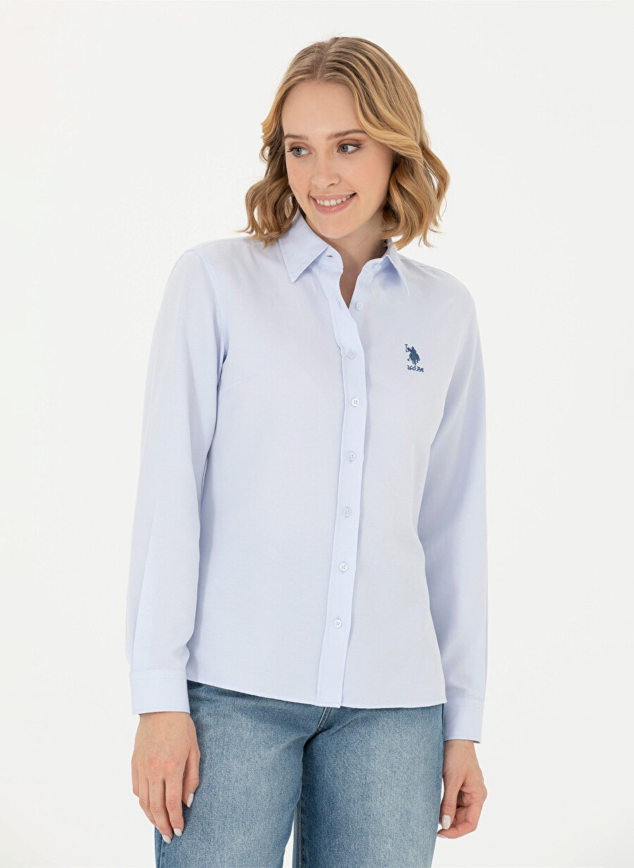 U.S. Polo Assn. Slim Fit Gömlek Yaka Düz İndigo Kadın Gömlek WOX023K