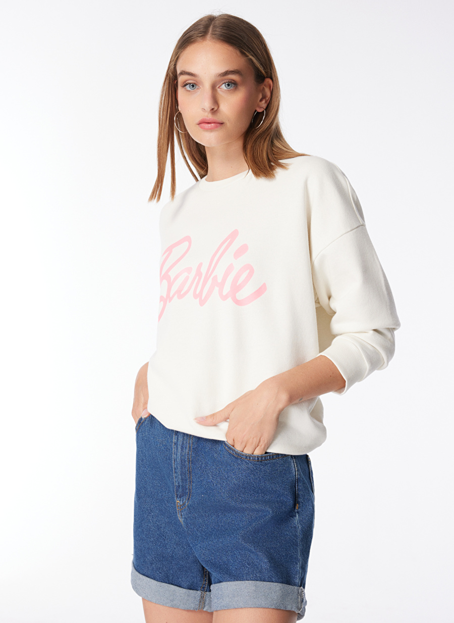 Barbie Ekru Kadın Bisiklet Yaka Oversize Baskılı Sweatshirt BRB4SL-SWT6087