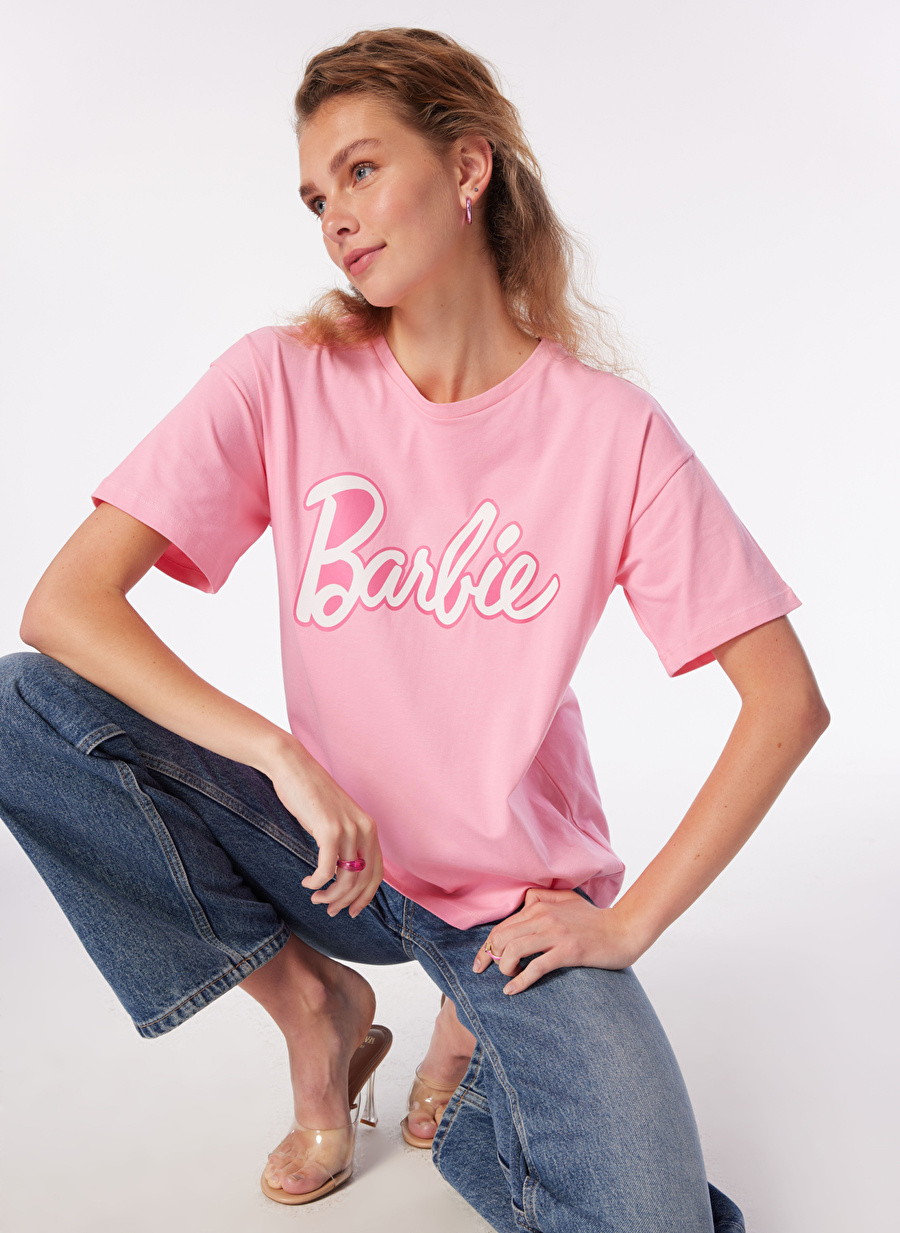 Barbie Bisiklet Yaka Baskılı Pembe Kadın T-Shirt BRB4SL-TST6060