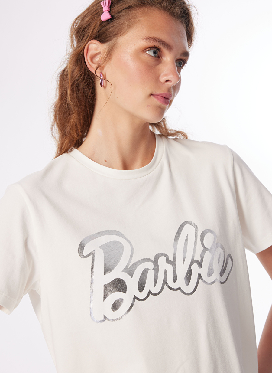 Barbie Ekru Kadın Bisiklet Yaka Relaxed Baskılı T-Shirt BRB4SL-TST6053