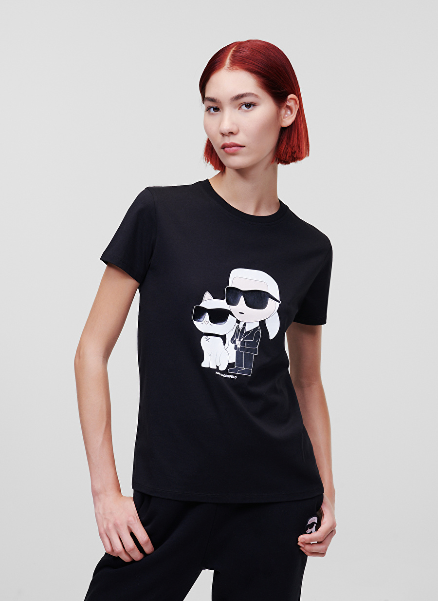 KARL LAGERFELD Bisiklet Yaka Baskılı Siyah Kadın T-Shirt 230W1704