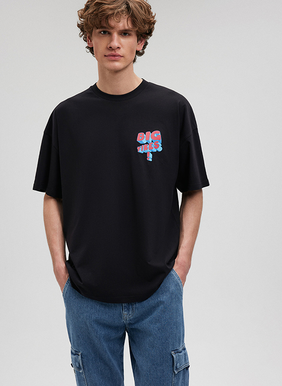 Mavi Düz Yaka Düz Siyah Erkek T-Shirt M0612103-900_BIG YIKES TİŞÖRT