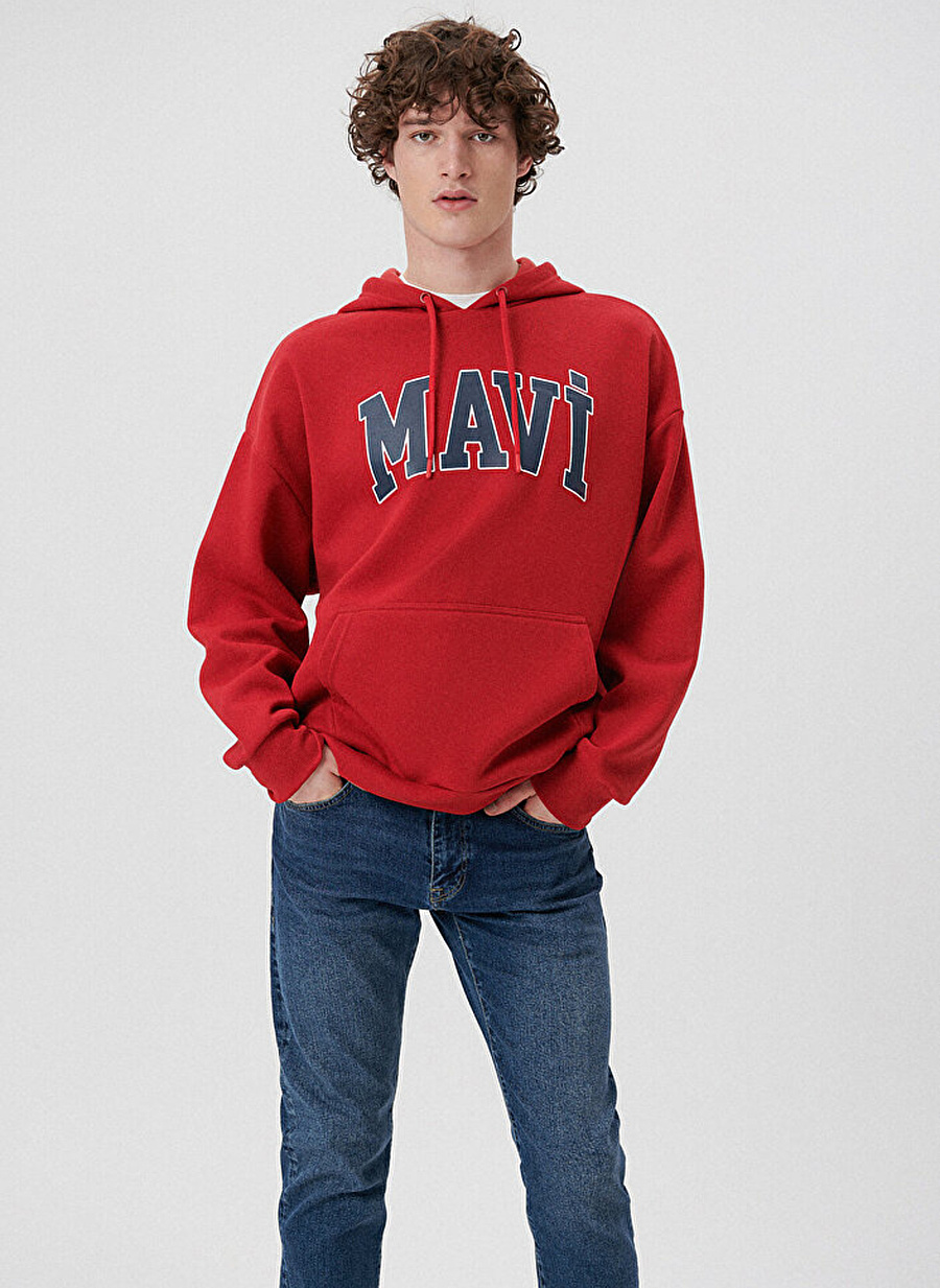 Mavi Kapüşon Yaka Koyu Kırmızı Erkek Sweatshırt M067149-70464_MAVİ BASKI SWEATSHIRT