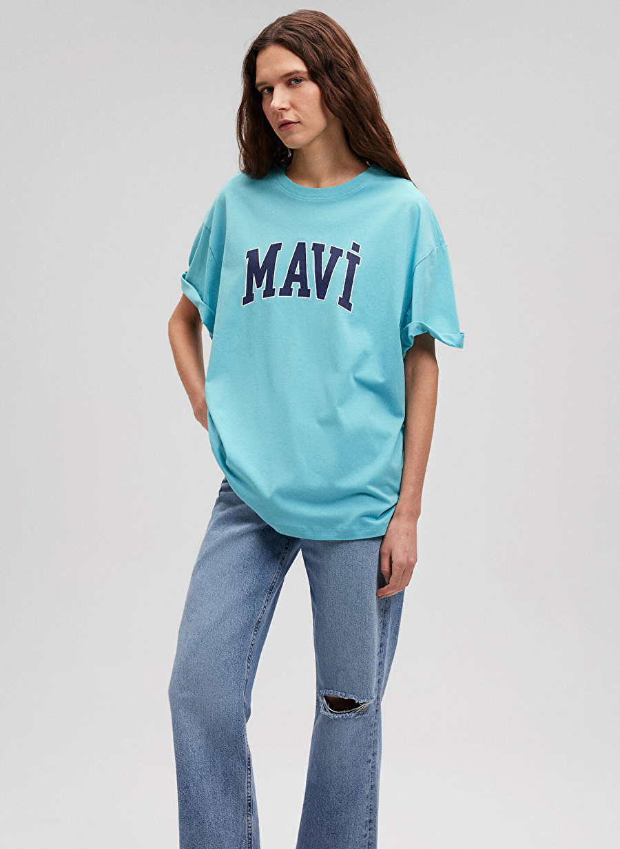 Mavi Bisiklet Yaka Yeşil Kadın T-Shirt M1600843-71463-MAVİ BASKILI TİŞÖRT