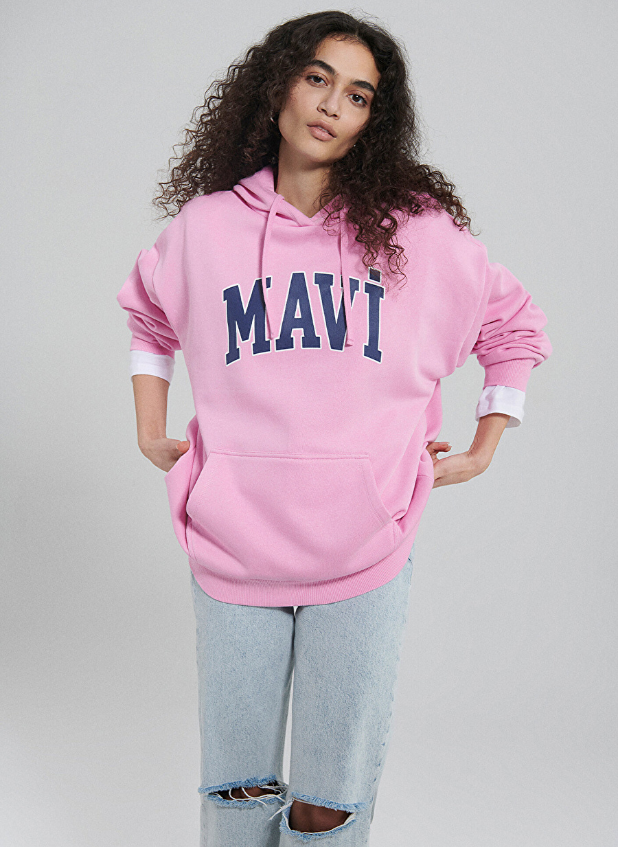 Mavi Kapüşon Yaka Pembe Kadın Sweatshırt M1600361-71038-MAVİ LOGO KAPÜŞONLU_0