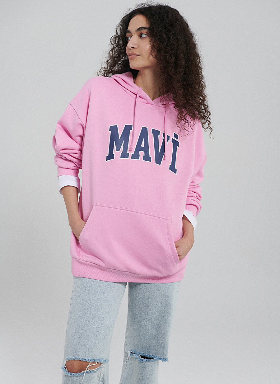 Mavi Kapüşon Yaka Pembe Kadın Sweatshırt M1600361-71038-MAVİ LOGO KAPÜŞONLU_1