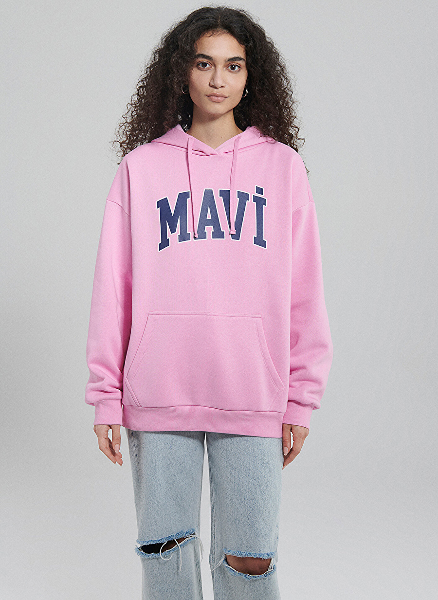 Mavi Kapüşon Yaka Pembe Kadın Sweatshırt M1600361-71038-MAVİ LOGO KAPÜŞONLU_2