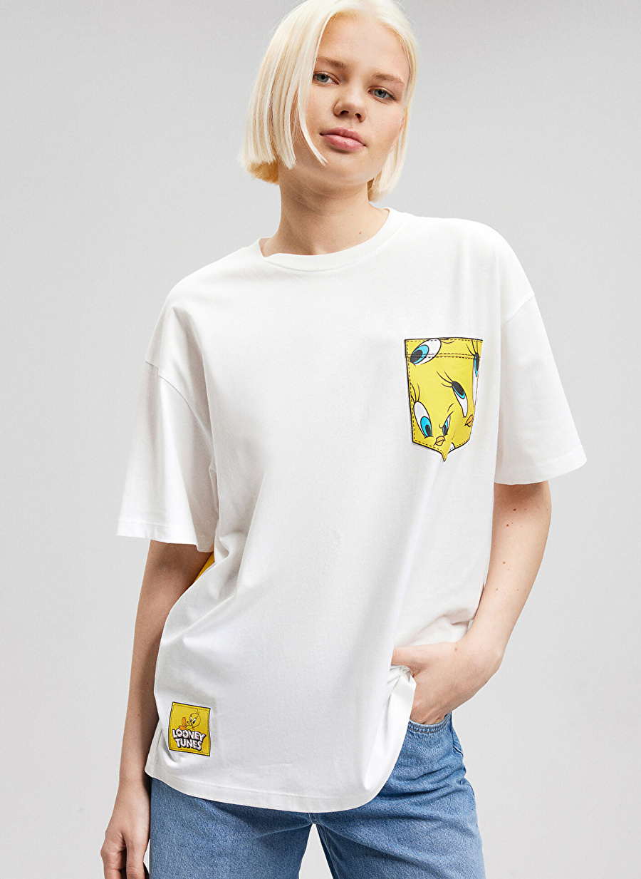 Mavi Bisiklet Yaka Ekru Kadın T-Shirt M1612261-70057-TWEETY BASKILI TİŞÖR