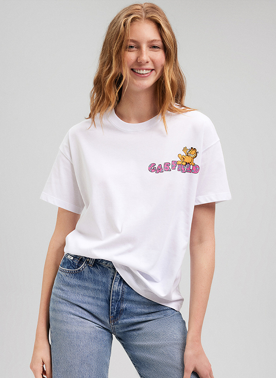 Mavi Bisiklet Yaka Beyaz Kadın T-Shirt M1612267-620-GARFIELD BASKILI TİŞÖR