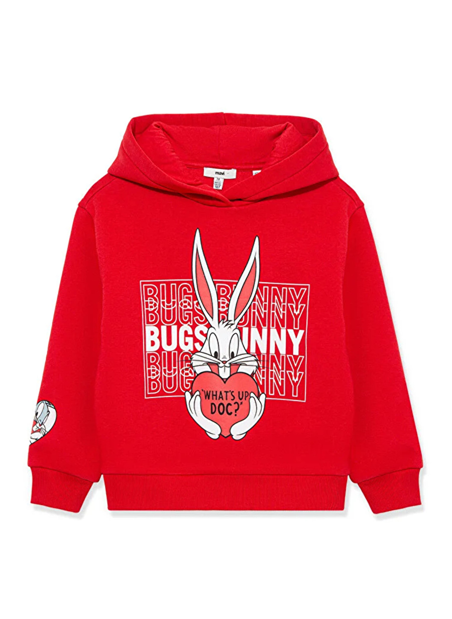 Mavi Baskılı Kız Çocuk Kırmızı Sweatshırt BUGS BUNNY BASKILI KAPÜŞONLU SWEATS