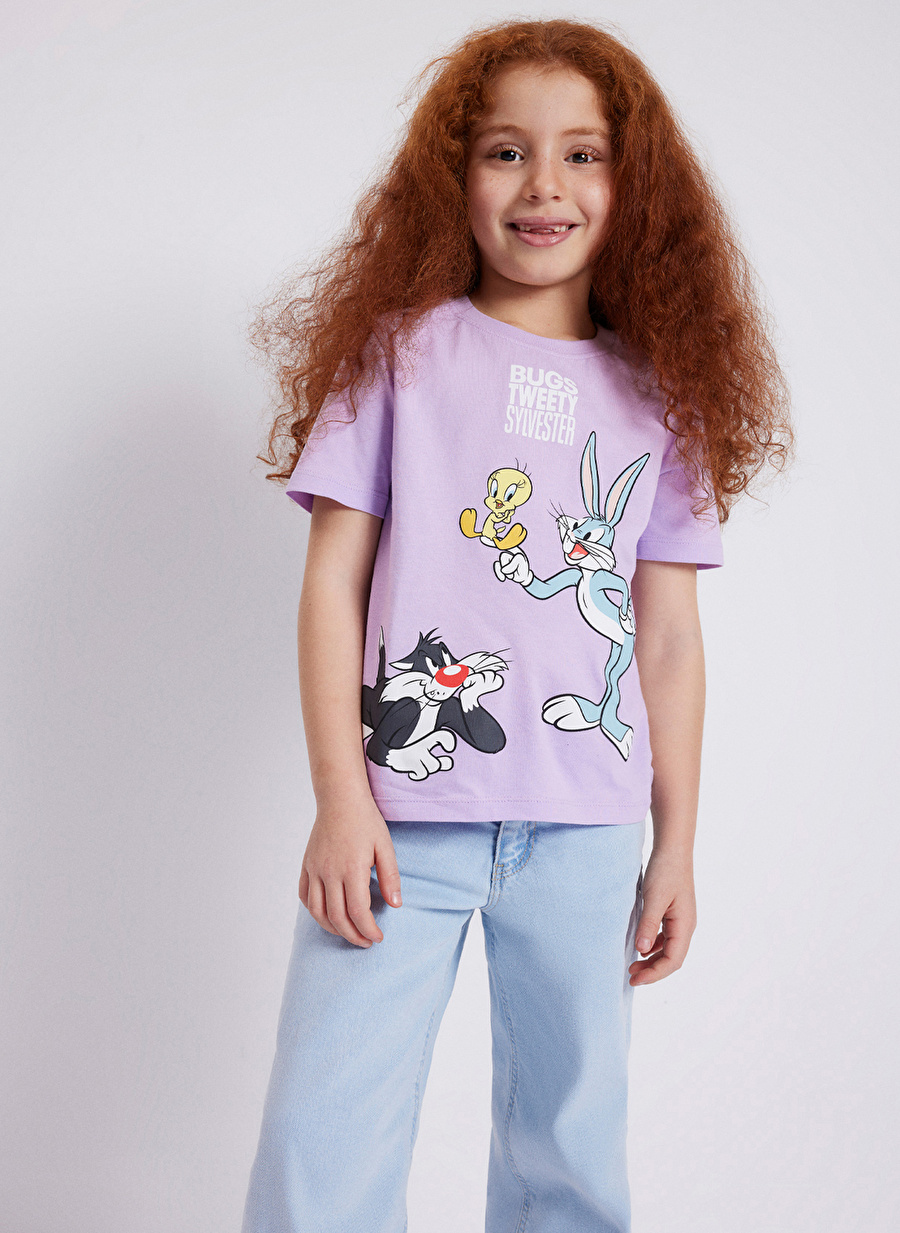 Mavi Baskılı Açık Mor Kız Çocuk T-Shirt BUGS BUNNY BASKILI TİŞÖRT Purple