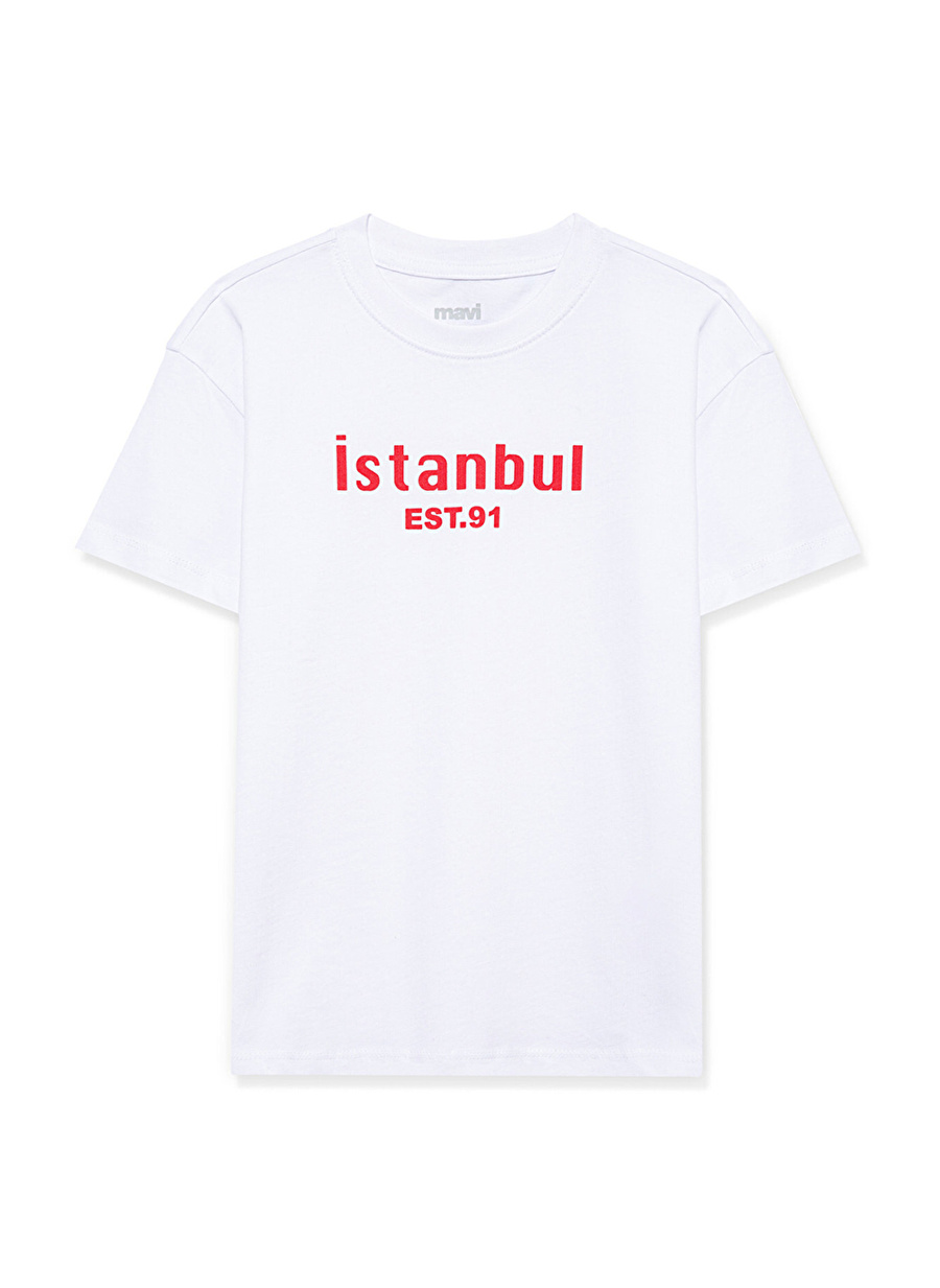 Mavi Baskılı Beyaz Kadın T-Shirt ISTANBUL BASKILI TİŞÖRT White