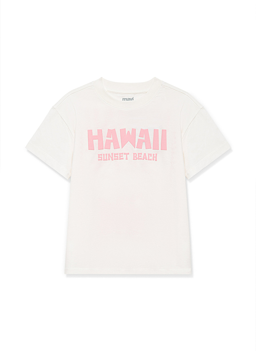 Mavi Baskılı Ekru Kız Çocuk T-Shirt HAWAII BASKILI TİŞÖRT Off White, Ec