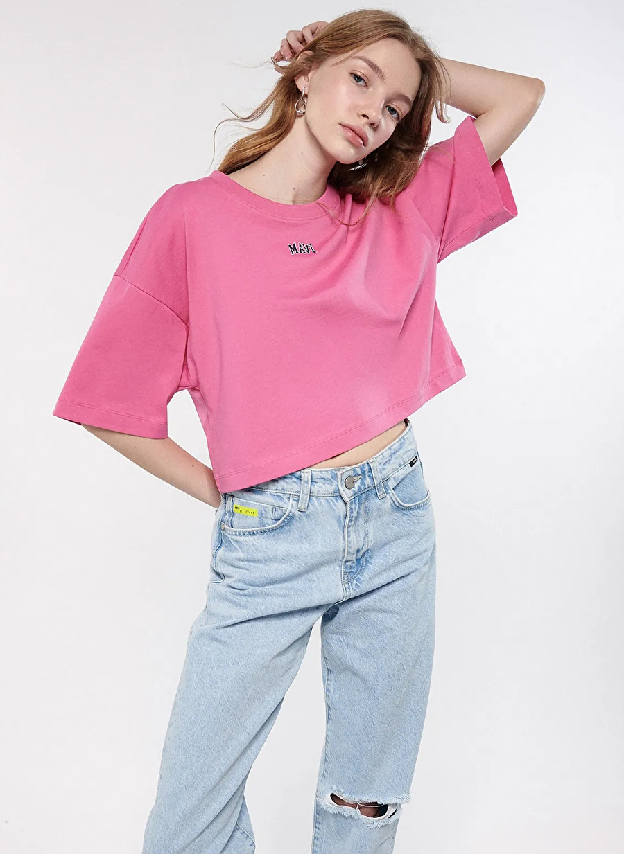 Mavi Baskılı Pembe Kadın T-Shirt MAVİ LOGO BASKILI CROP TİŞÖRT Pink