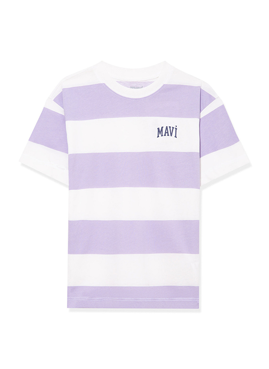 Mavi Çizgili Lila Erkek T-Shirt MAVİ LOGO BASKILI COLORBLOCK TİŞÖRT