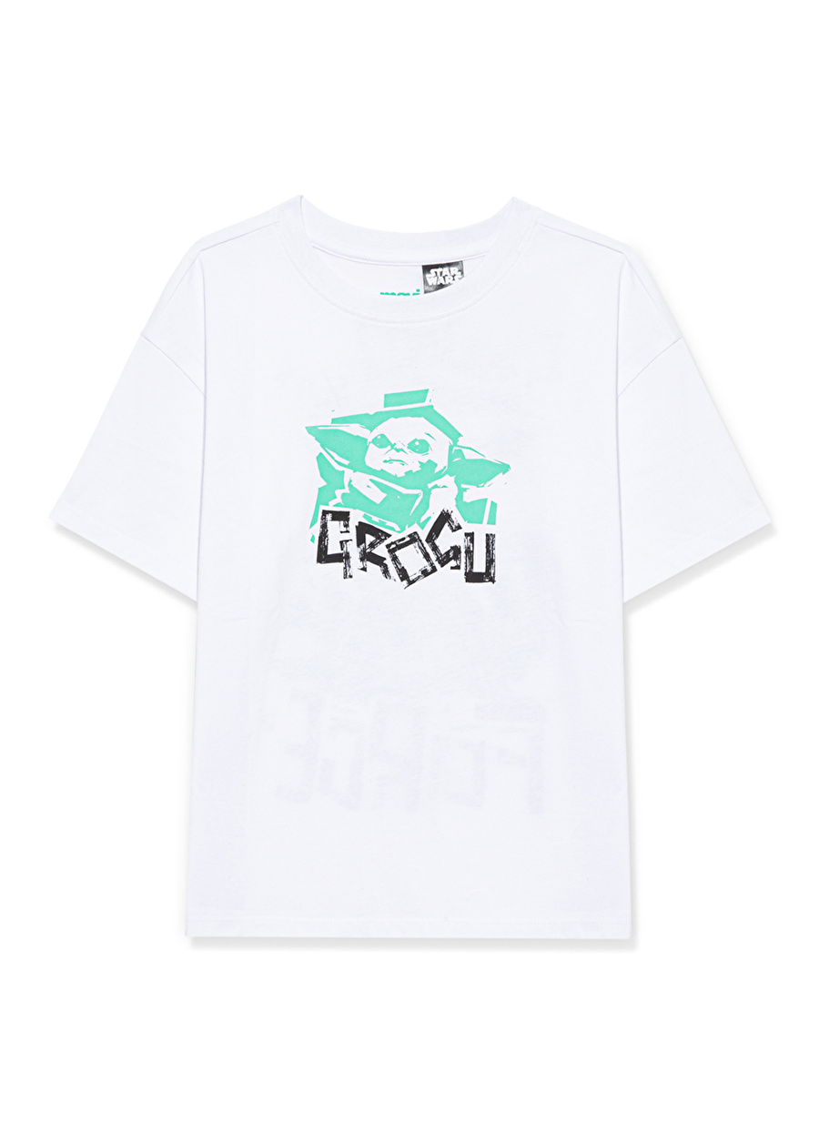 Mavi Baskılı Beyaz Erkek T-Shirt BABY YODA BASKILI TİŞÖRT White