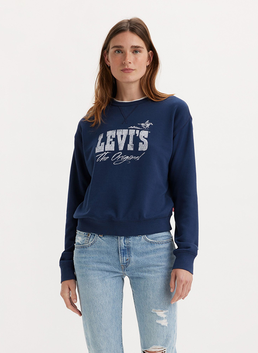 Levis Bisiklet Yaka Baskılı Mavi Kadın Sweatshırt GRAPHIC SIGNATURE CREW CREW ORIGINA