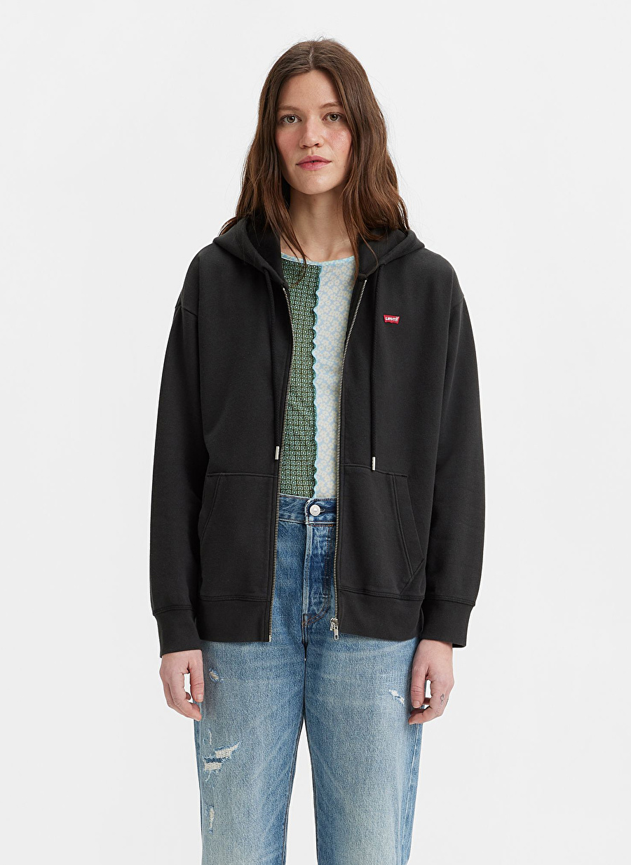 Levis Kapüşon Yaka Düz Siyah Kadın Sweatshırt STANDARD ZIP HOODIE CAVIAR FRENCH T