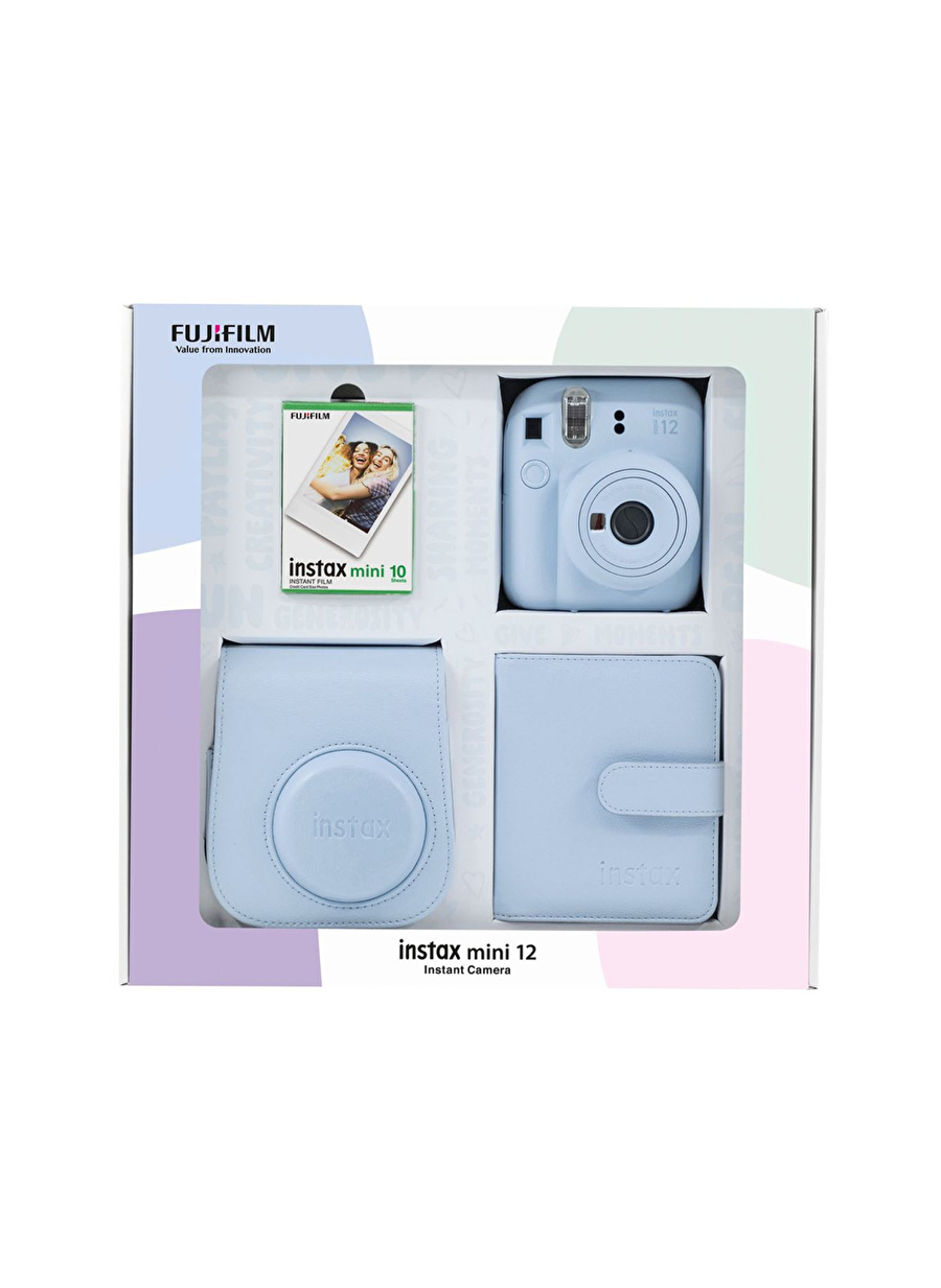 Instax mini 12 Mavi Fotoğraf Makinesi 10'lu Film Kare Albüm ve Deri Kılıf Bundle Box