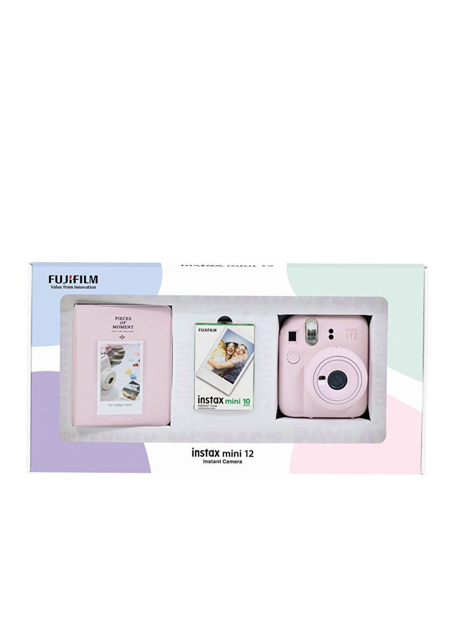 Instax mini 12 Pembe Fotoğraf Makinesi 10'lu Film ve PVC Albüm Bundle Box