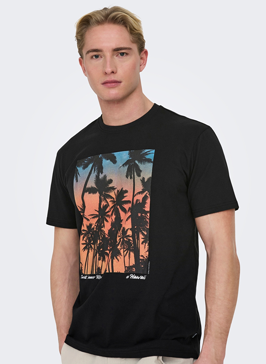 Only & Sons O Yaka Baskılı Siyah Erkek T-Shirt ONSKOLTON REG BEACH PHOTOPRINT SS T