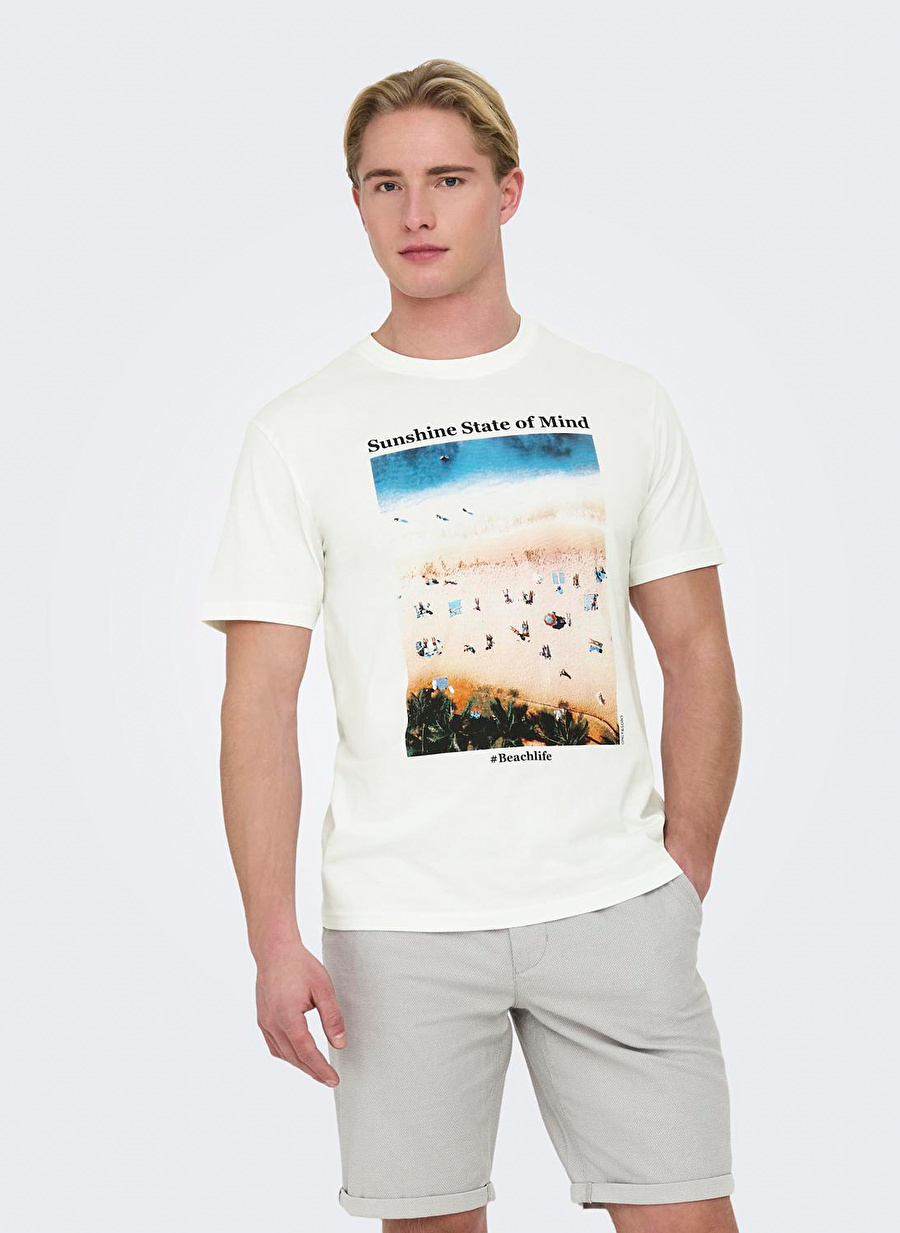 Only & Sons O Yaka Baskılı Beyaz Erkek T-Shirt ONSKOLTON REG BEACH PHOTOPRINT SS T