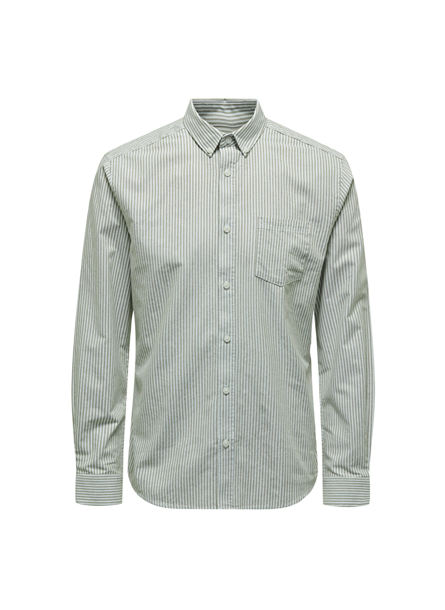 Only & Sons Dar Açık Haki Çizgili Erkek Gömlek ONSREMY LS SLIM WASH STRIPE OXFORD